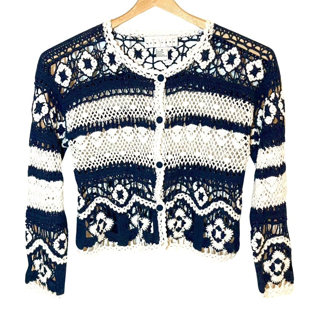 Vintage Boho Floral Crocheted Design Button Down Hippie Cardigan